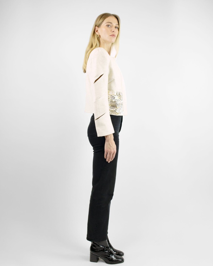 Women Skazi Coats & Jackets | Beige Metallic Scales Crop Jacket