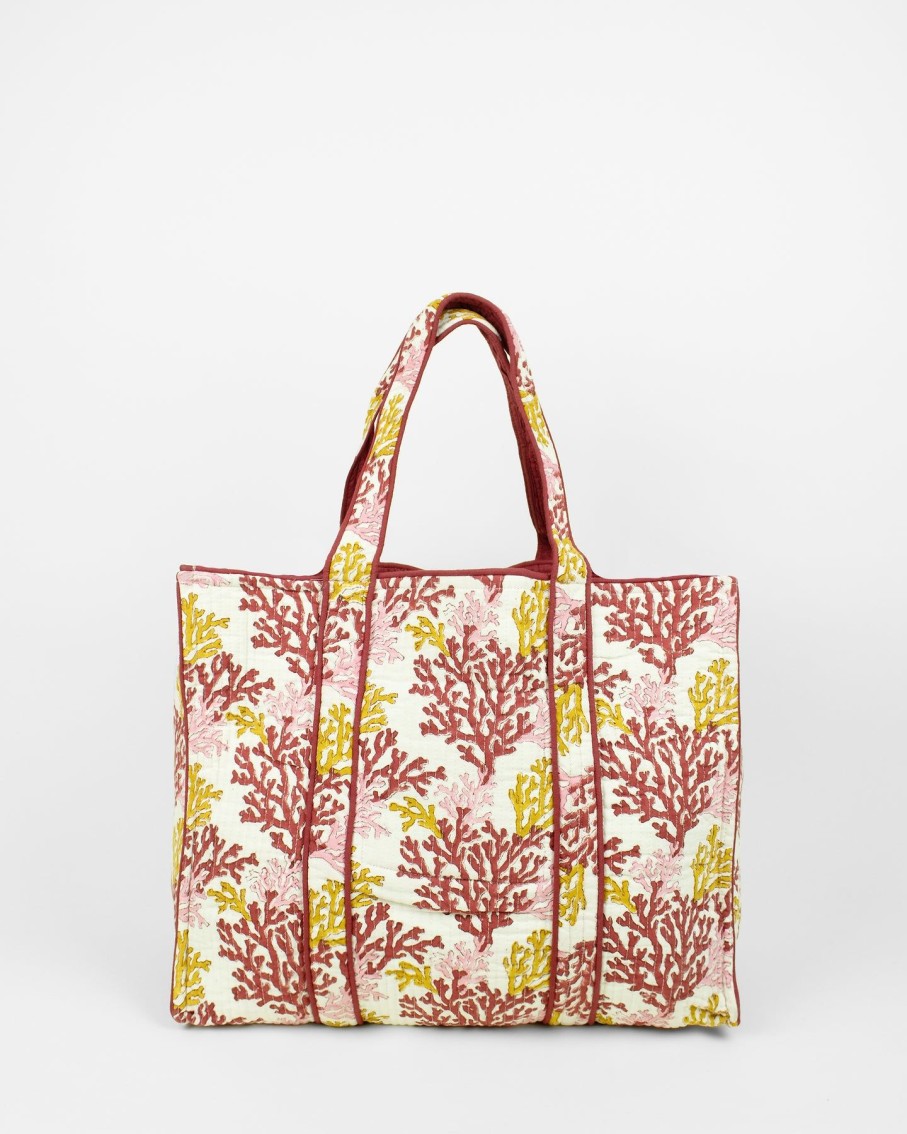 Women Ayras World Totes | Coral Multi Red Block Printed Cotton Quilted Tote Bag