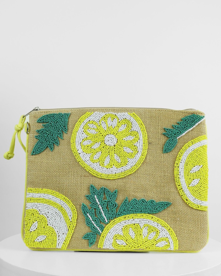 Women 227 Clutches | Lemon Slices Beaded Burlap Clutch Bag