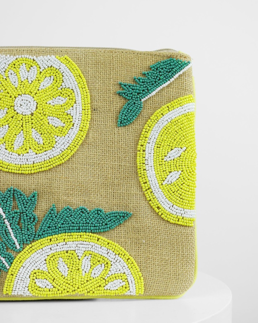 Women 227 Clutches | Lemon Slices Beaded Burlap Clutch Bag