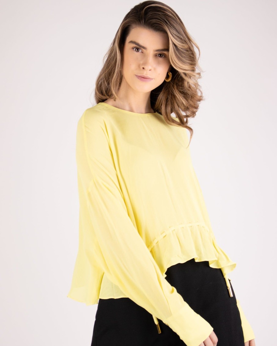 Women Animale Tops & T-Shirts | Long Sleeve Yellow Sheer Georgette Top