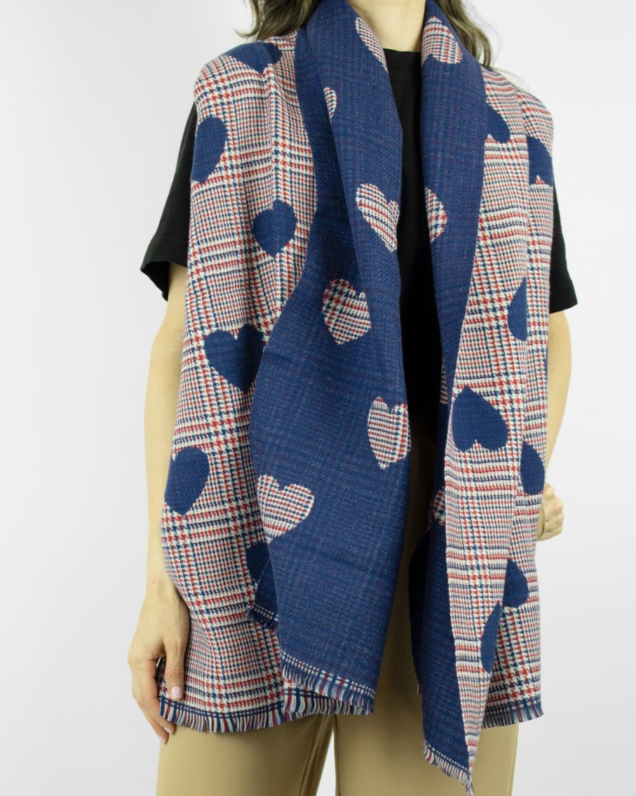 Women 227 Hats, Gloves & Scarves | Navy Blue Dusty Red Double-Sided Heart Tweed Oversized Scarf