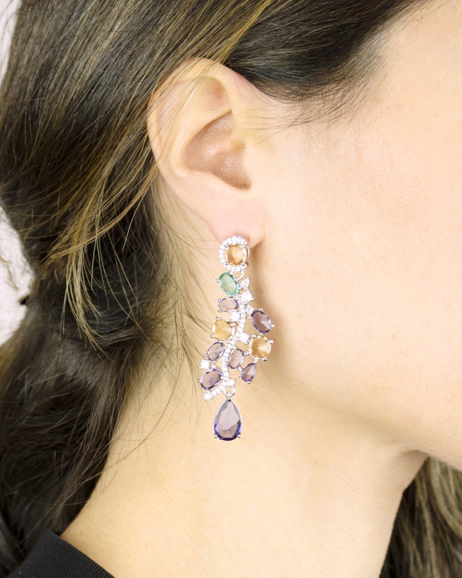 Women 227 Earrings | Silver Amber Lilac Drop Gem Vine Earrings