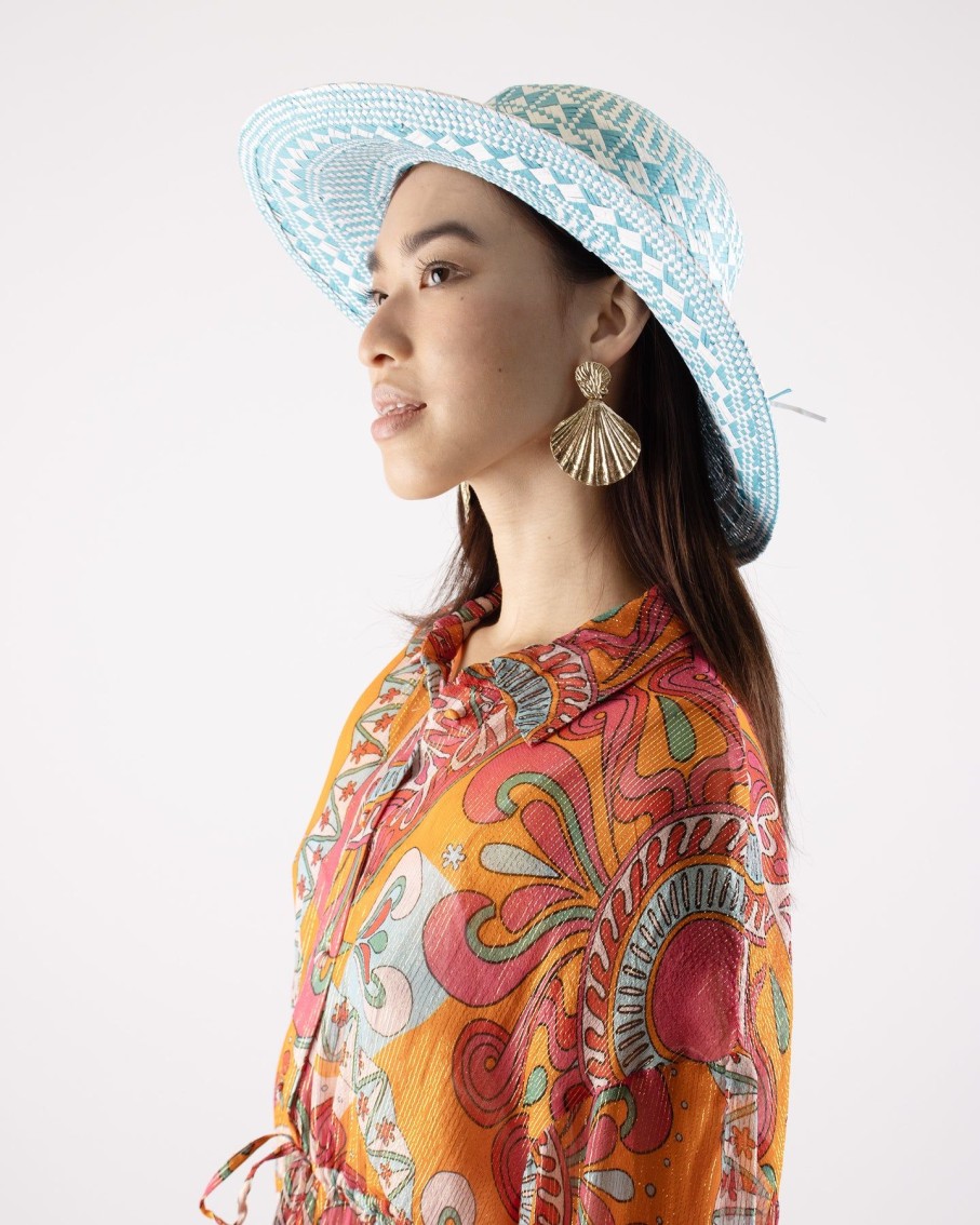 Women Blaiz Hats, Gloves & Scarves | Audrey Turquoise Printed Paper Straw Hat