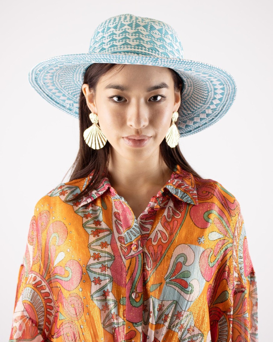 Women Blaiz Hats, Gloves & Scarves | Audrey Turquoise Printed Paper Straw Hat