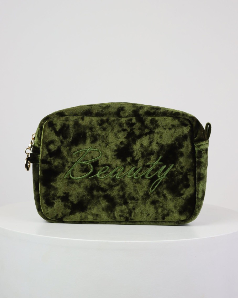 Women 227 Wash Bags | Olive Green Velvet Beauty Wash Bag