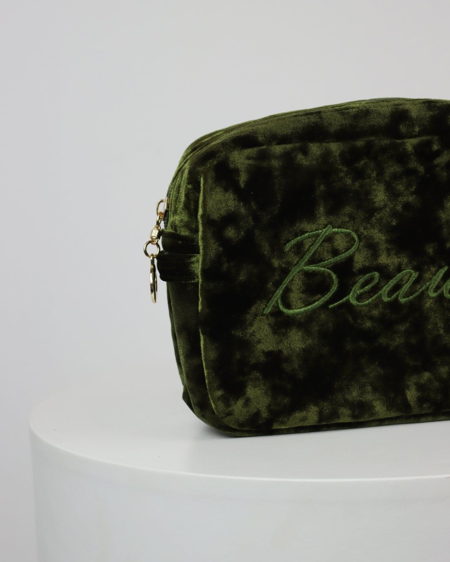 Women 227 Wash Bags | Olive Green Velvet Beauty Wash Bag