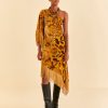 Women Farm Rio Dresses | Golden Yellow Velvet One Shoulder Fringe Dress