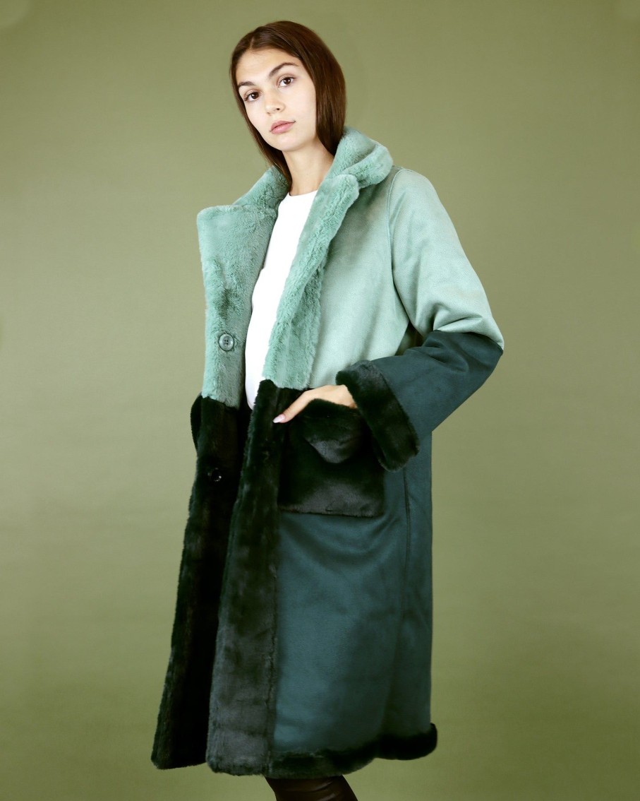 Women Blaiz Coats & Jackets | Green Colourblock Faux Suede Fur Reversible Coat