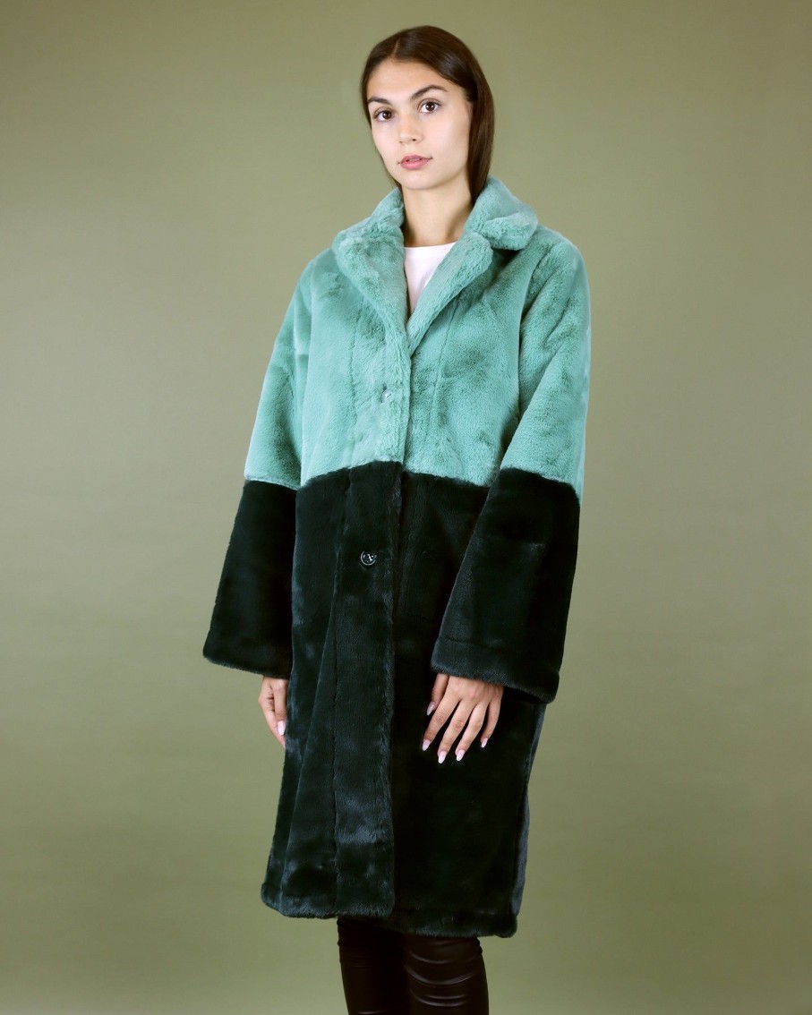 Women Blaiz Coats & Jackets | Green Colourblock Faux Suede Fur Reversible Coat