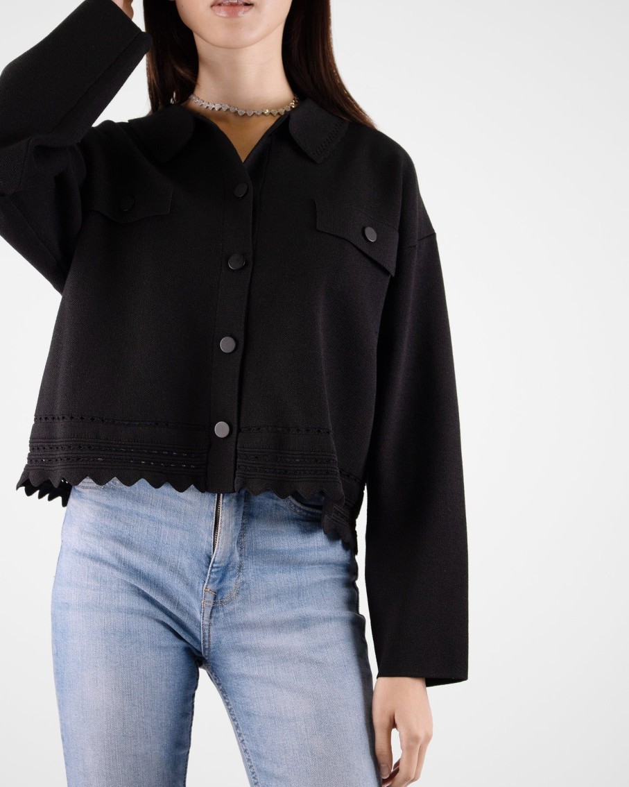 Women Marina V Coats & Jackets | Black Long Sleeve Scallop Jacket