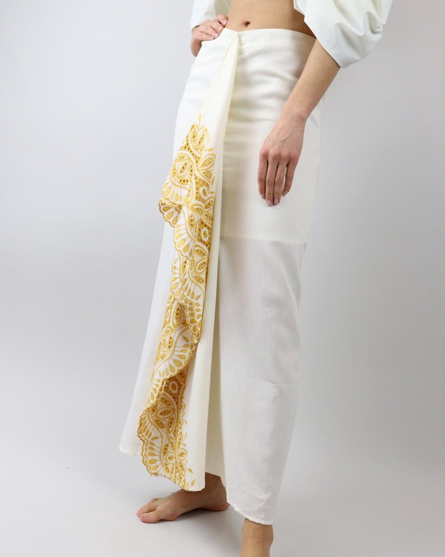 Women Agua De Coco Skirts | Embroidered Off-White Linen Blend Skirt