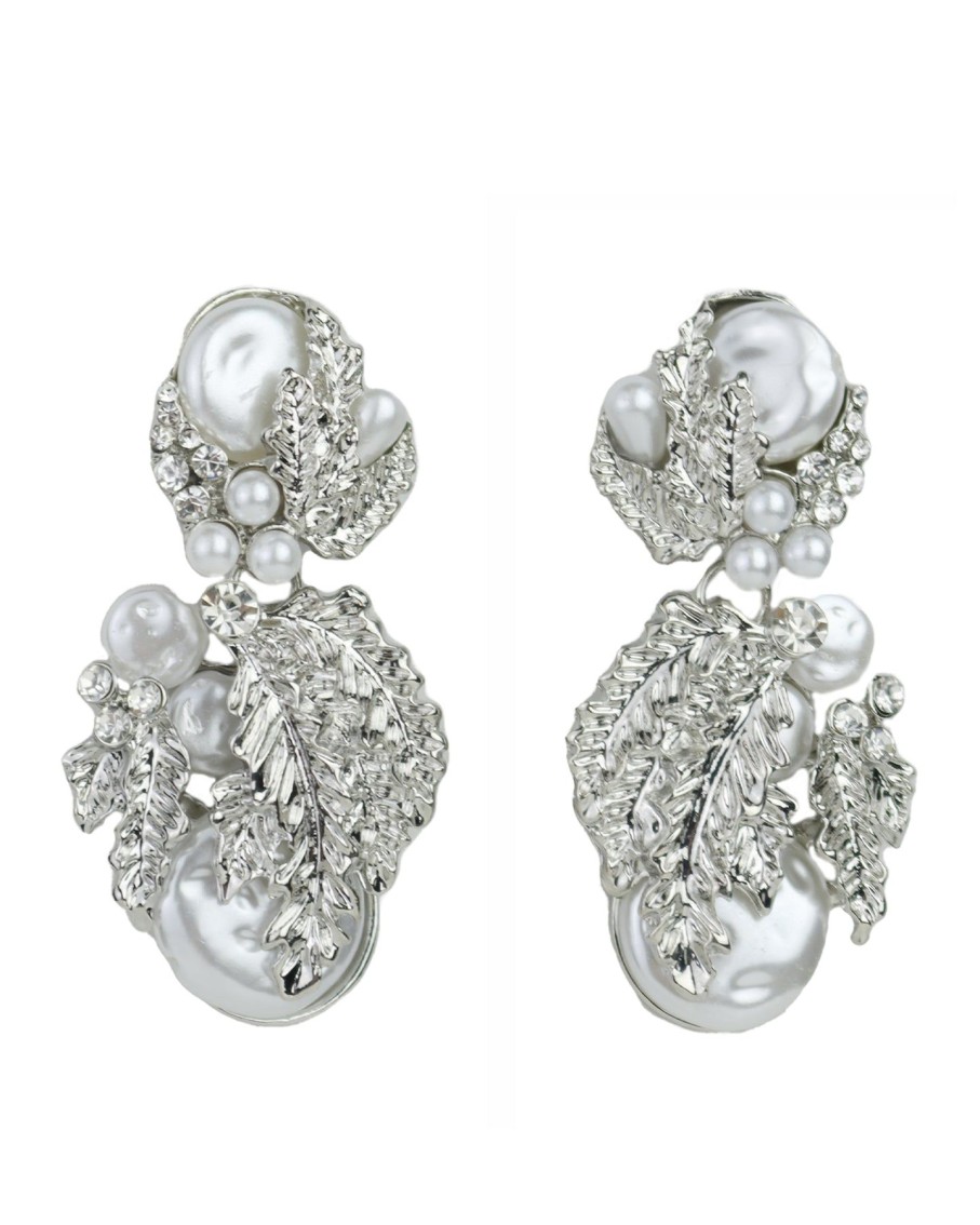 Women 227 Earrings | Silver Leaf & Pearl Ornate Earrings