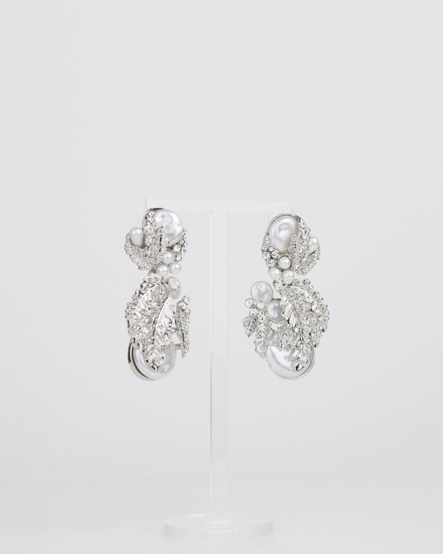 Women 227 Earrings | Silver Leaf & Pearl Ornate Earrings