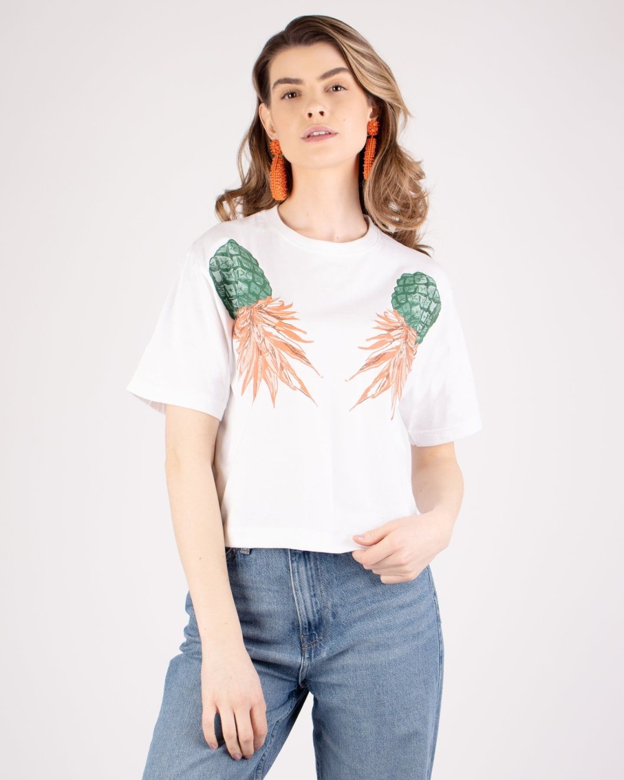 Women Arara for BLAIZ Tops & T-Shirts | White Pineapple Printed Cropped T-Shirt