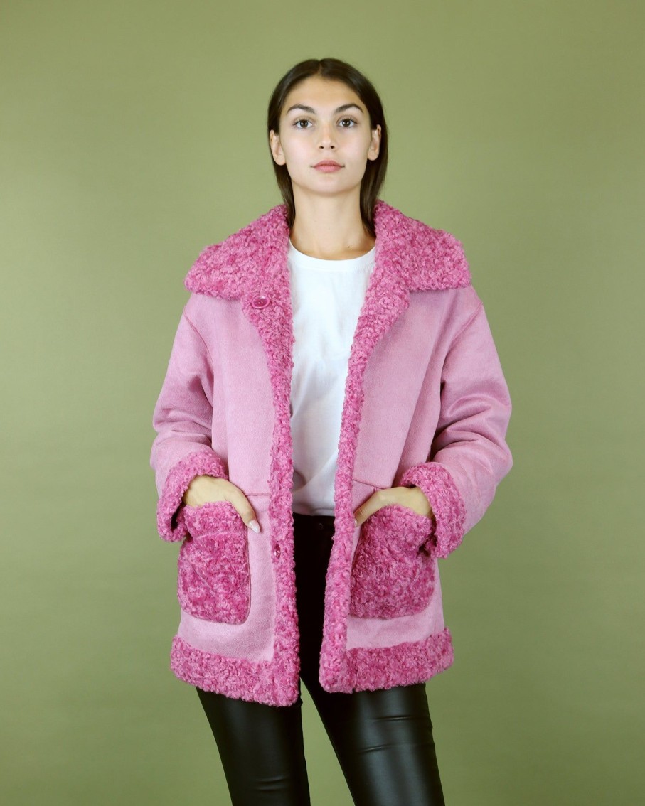 Women BLAIZ Coats & Jackets | Fuchsia Faux Suede Shearling Reversible Coat