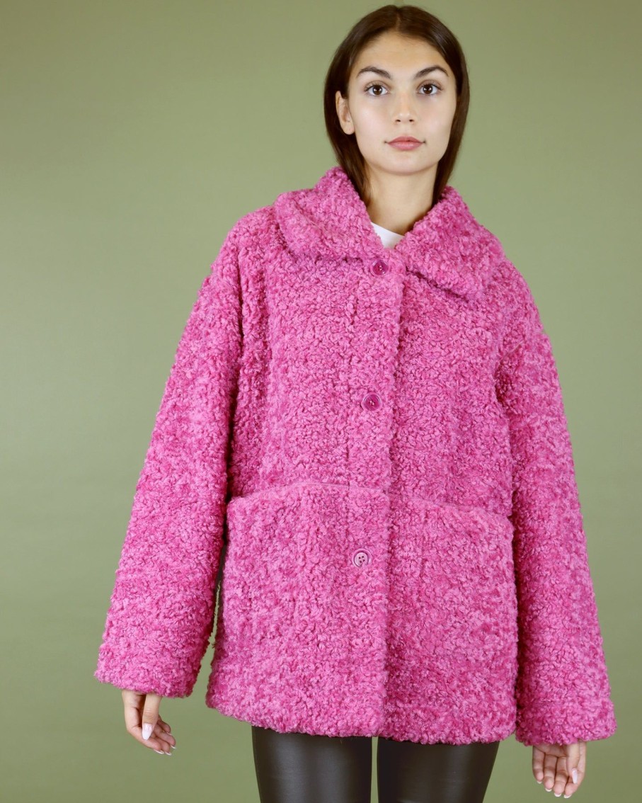 Women BLAIZ Coats & Jackets | Fuchsia Faux Suede Shearling Reversible Coat