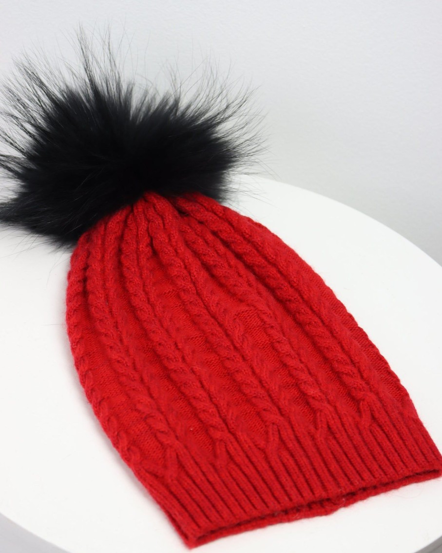 Women 227 Hats, Gloves & Scarves | Red Plaited Knit Pom Pom Hat