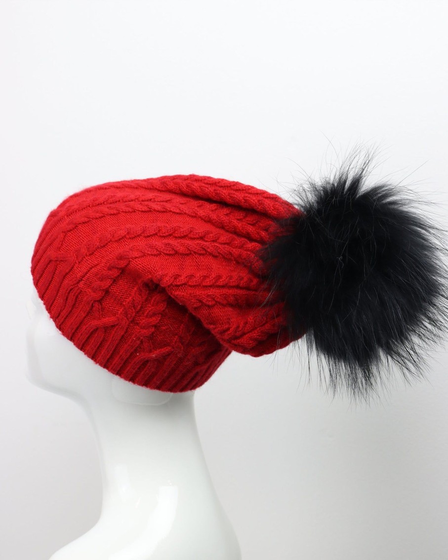 Women 227 Hats, Gloves & Scarves | Red Plaited Knit Pom Pom Hat