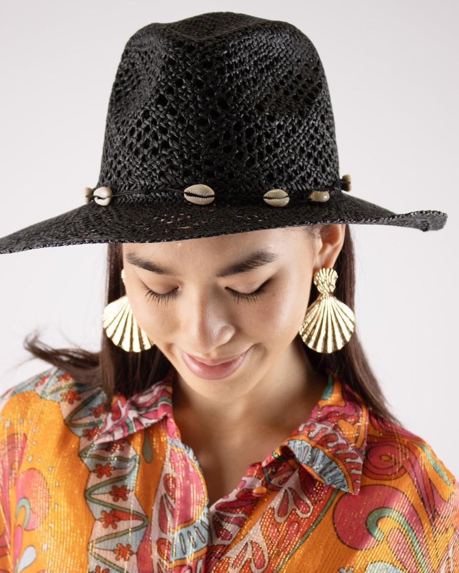 Women Blaiz Hats, Gloves & Scarves | Joanna Black Cowrie Shells Paper Straw Hat