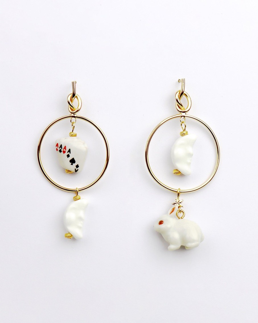 Women Midnight Foxes Studio Earrings | White Rabbit, Moon And Cards Earrings