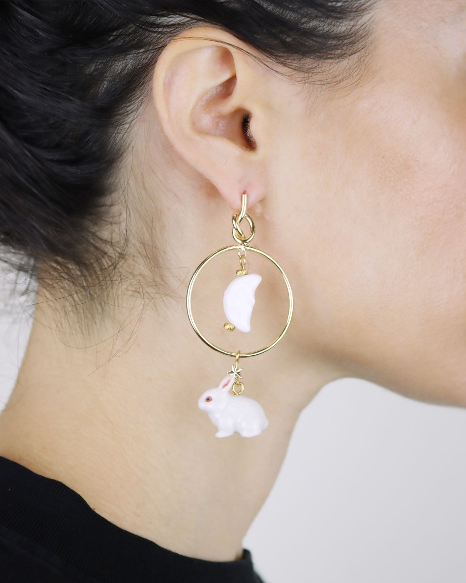 Women Midnight Foxes Studio Earrings | White Rabbit, Moon And Cards Earrings