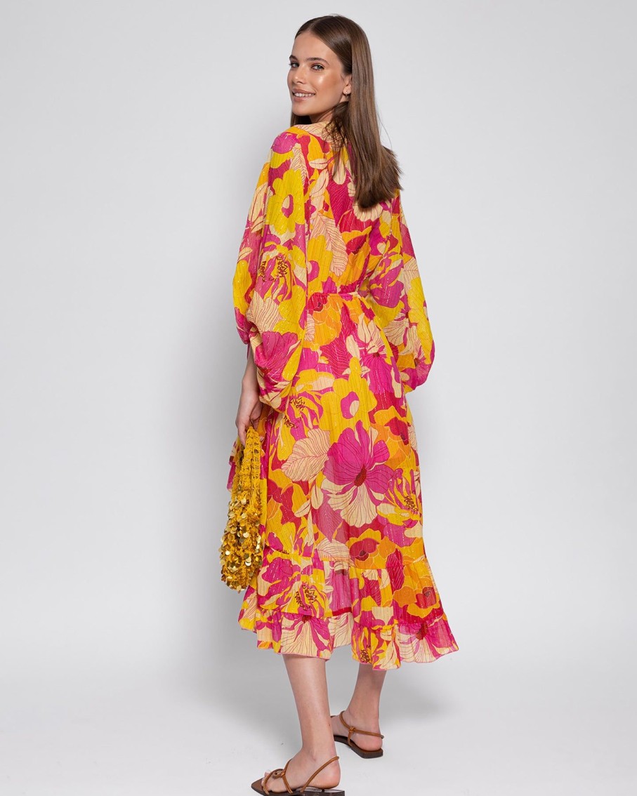 Women Sundress Dresses | Esther Yellow Flowers Print Midi Dress