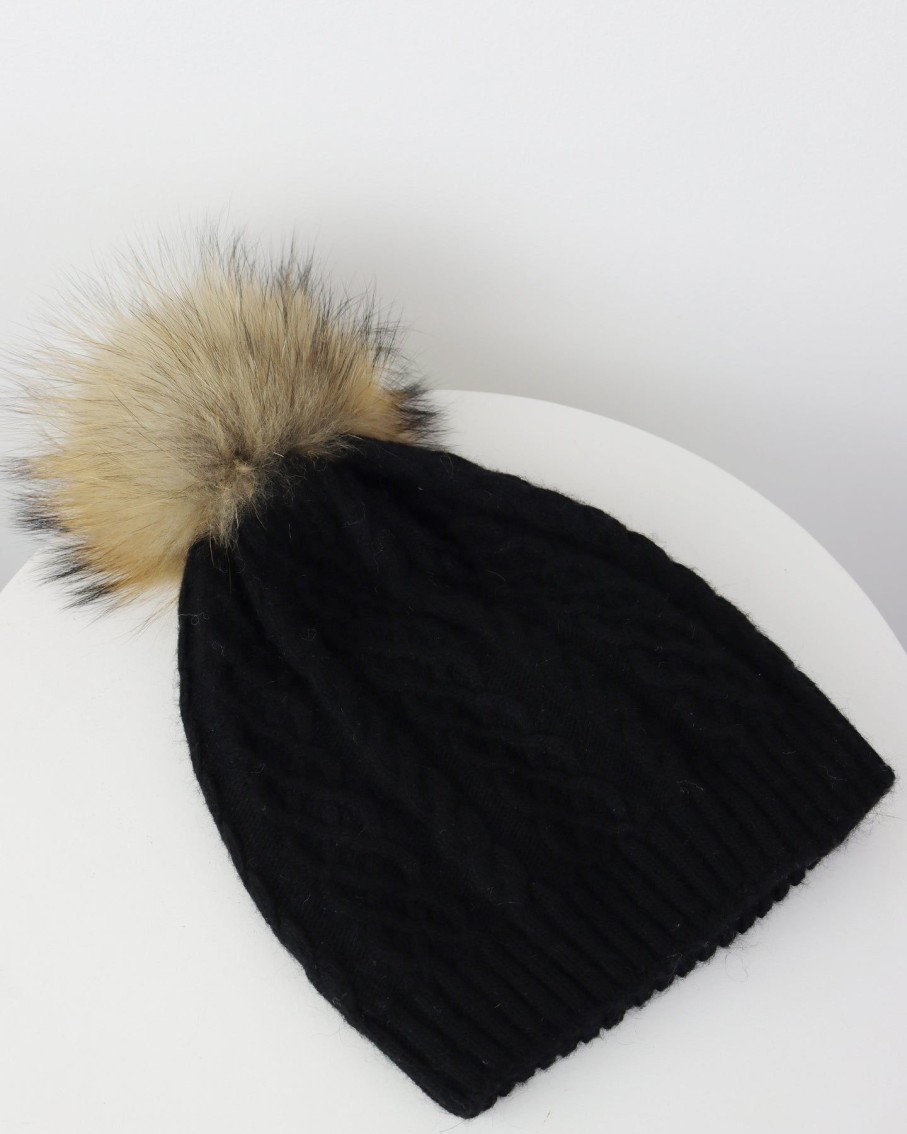 Women 227 Hats, Gloves & Scarves | Black Cable Knit Pom Pom Hat