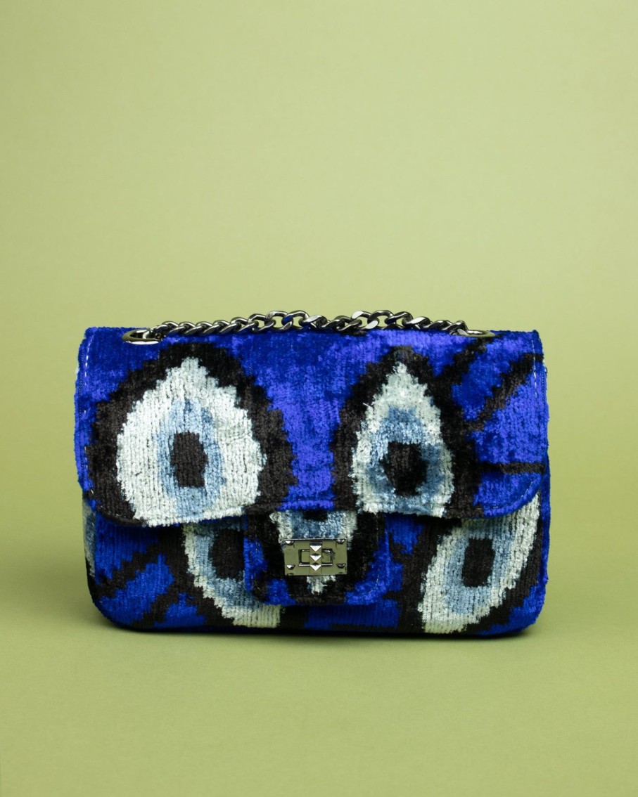 Women AYCA DESIGN Cross-Body Bags | Cobalt Blue Evil Eye Print Silk Velvet Ikat Crossbody