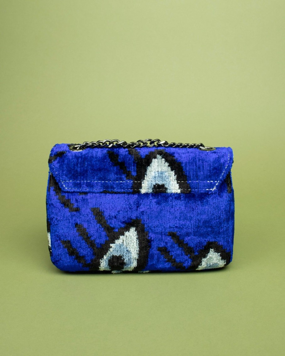 Women AYCA DESIGN Cross-Body Bags | Cobalt Blue Evil Eye Print Silk Velvet Ikat Crossbody