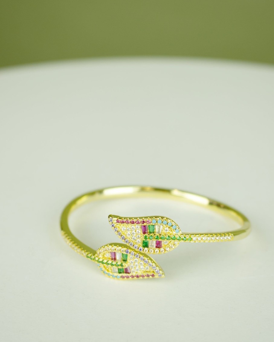 Women 227 Bracelets | Rainbow Gem Leaf Wraparound Gold Bracelet