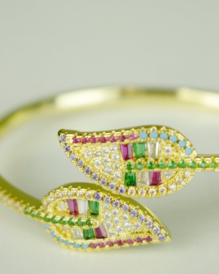 Women 227 Bracelets | Rainbow Gem Leaf Wraparound Gold Bracelet