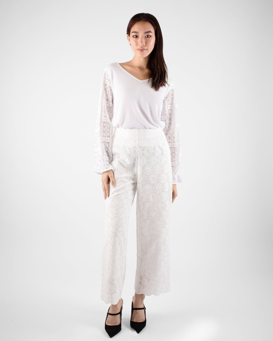 Women Marina V Trousers | White Embroidery Cullote Trousers