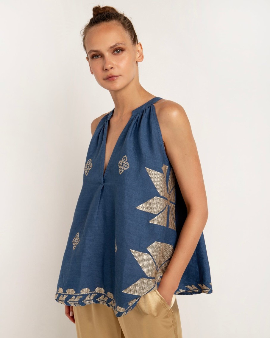 Women Greek Archaic Kori Shirts & Blouses | Aeolis Indigo And Gold Sleeveless Top