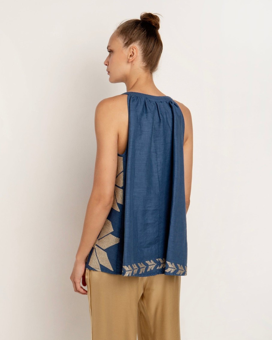 Women Greek Archaic Kori Shirts & Blouses | Aeolis Indigo And Gold Sleeveless Top