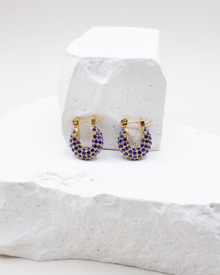 Women 227 Earrings | Lara Blue Mini Gold Tone Crystal Hoop Earrings