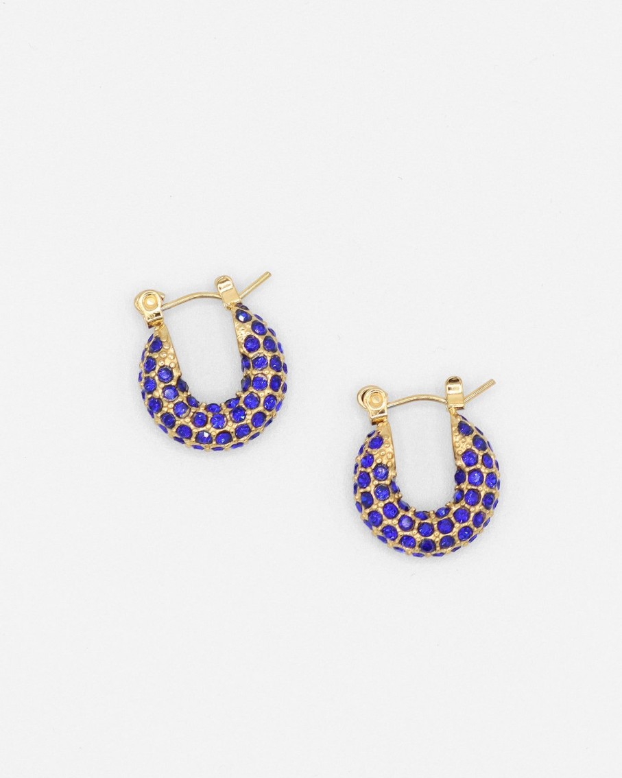 Women 227 Earrings | Lara Blue Mini Gold Tone Crystal Hoop Earrings