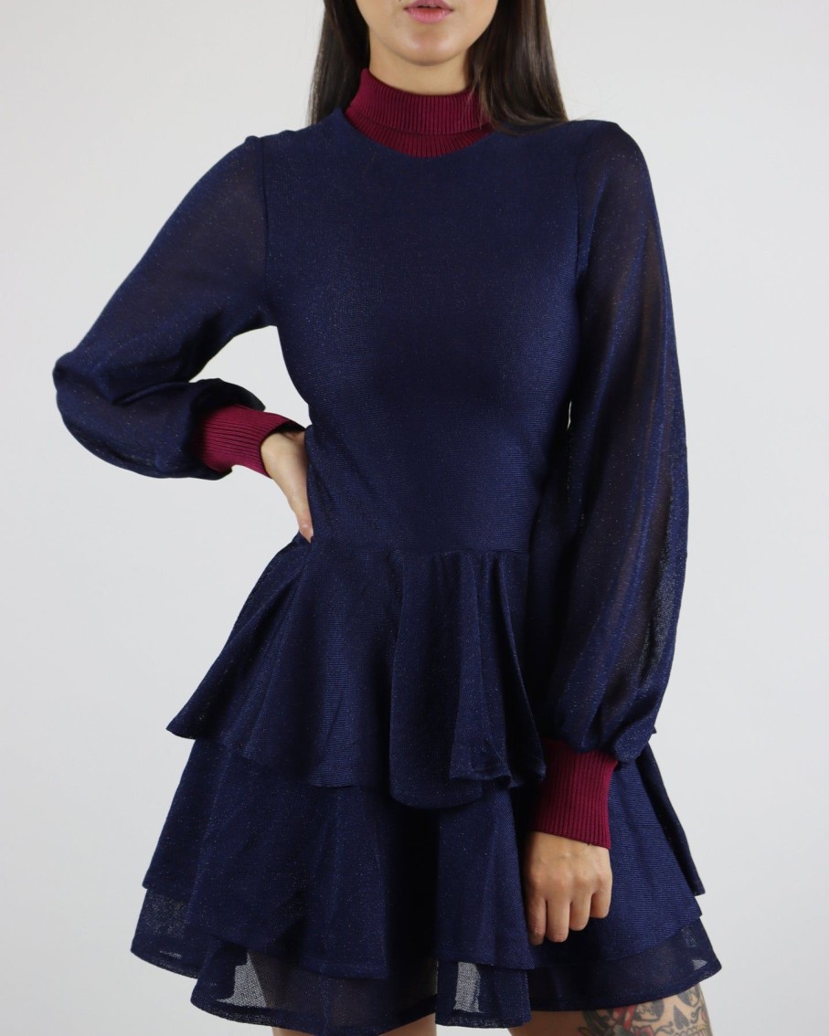 Women Skazi Dresses | Navy & Burgundy Knitted Mini Dress