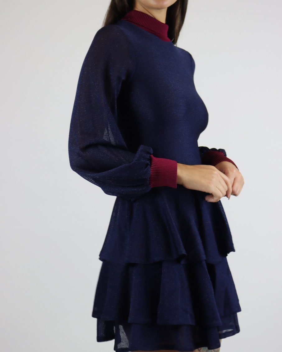 Women Skazi Dresses | Navy & Burgundy Knitted Mini Dress