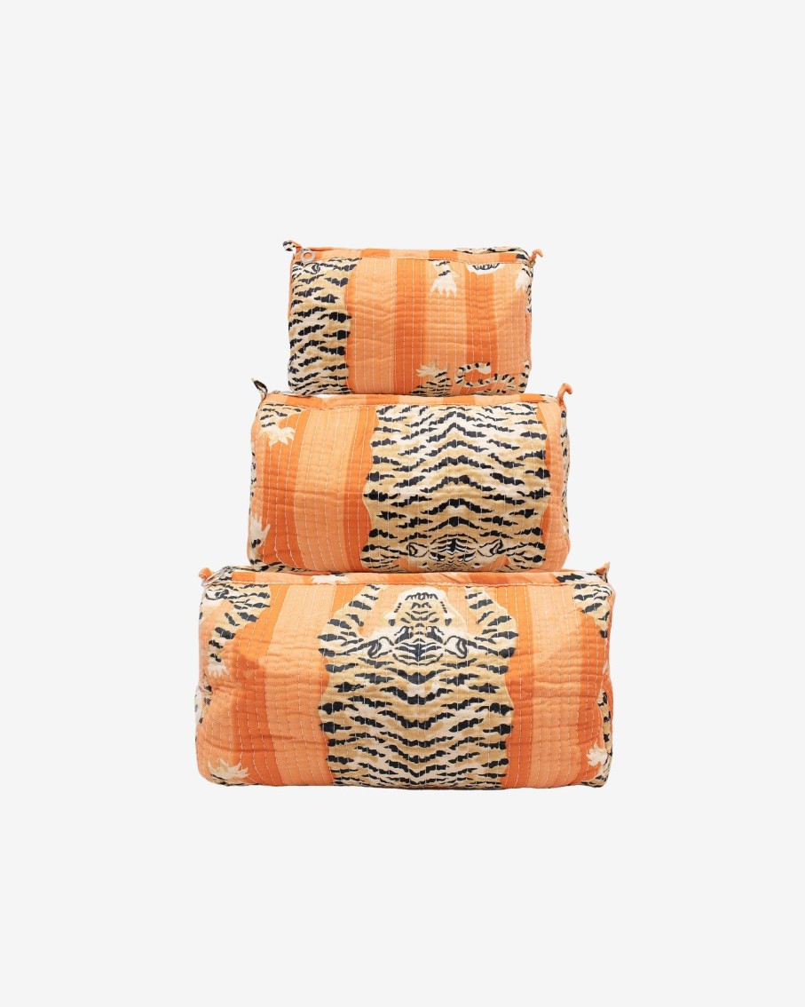 Women Ayras World Wash Bags | Orange Block Printed Cotton Quilted Makeup/Washbag (Set Of 3)