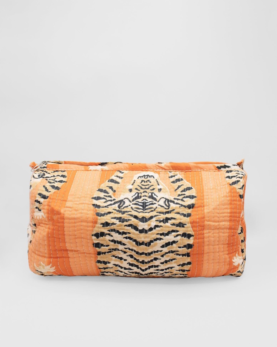 Women Ayras World Wash Bags | Orange Block Printed Cotton Quilted Makeup/Washbag (Set Of 3)