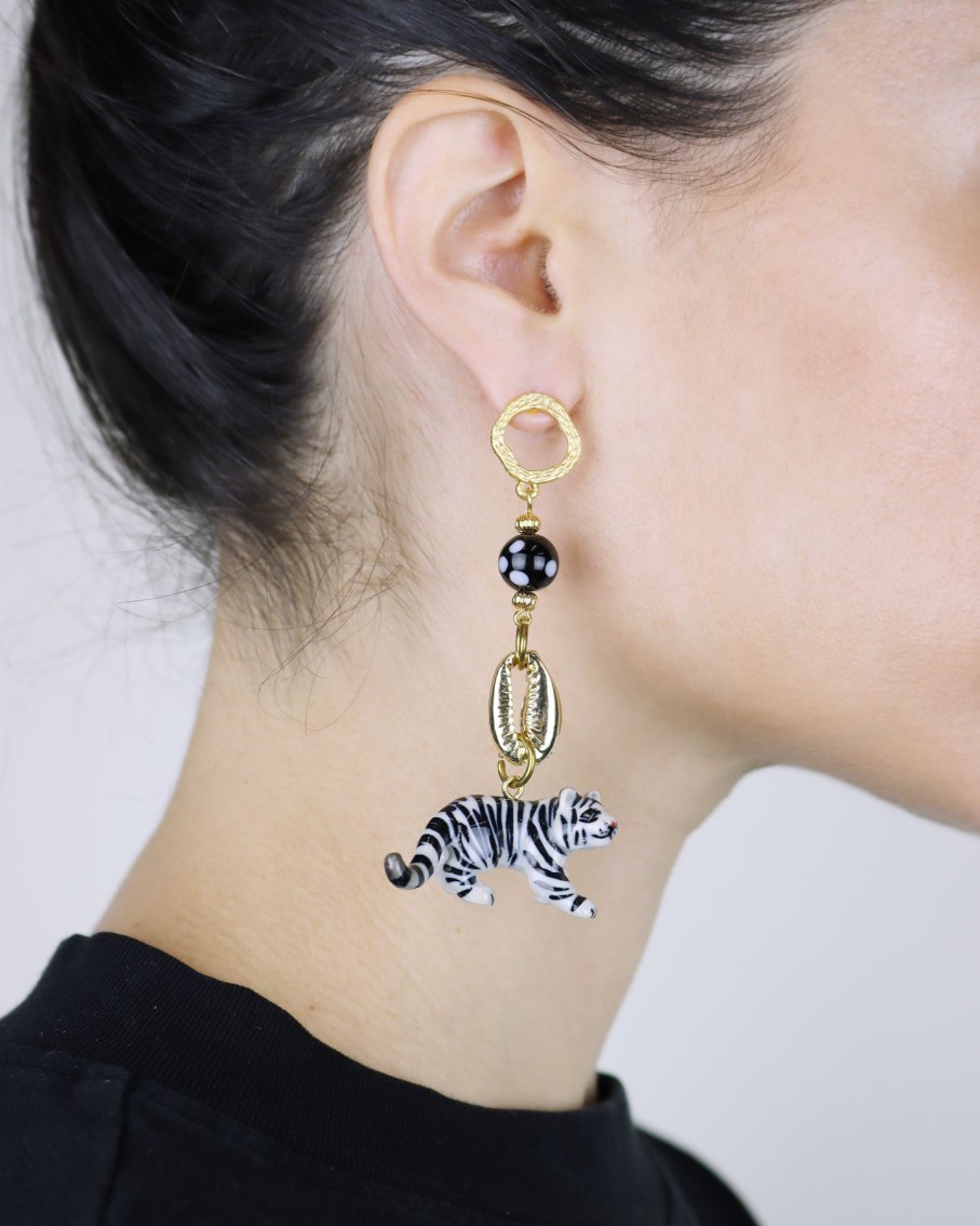 Women Midnight Foxes Studio Earrings | White Tiger Earrings