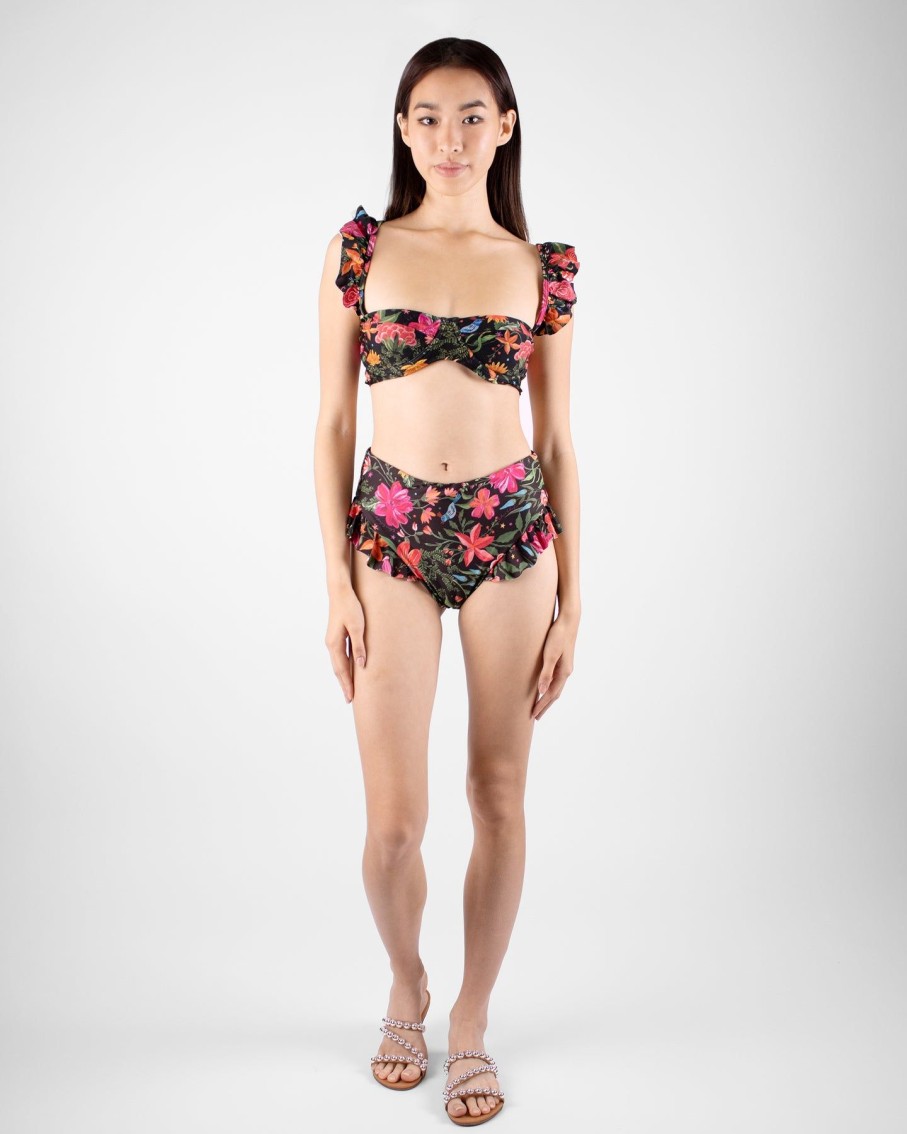 Women Silvia Schaefer Swimwear & Beachwear | Black Botanic Print Ruffle Hem Bikini Set