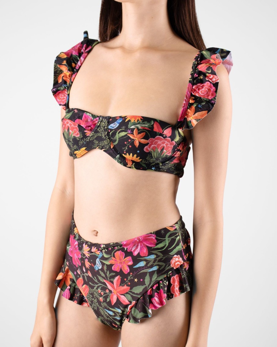 Women Silvia Schaefer Swimwear & Beachwear | Black Botanic Print Ruffle Hem Bikini Set