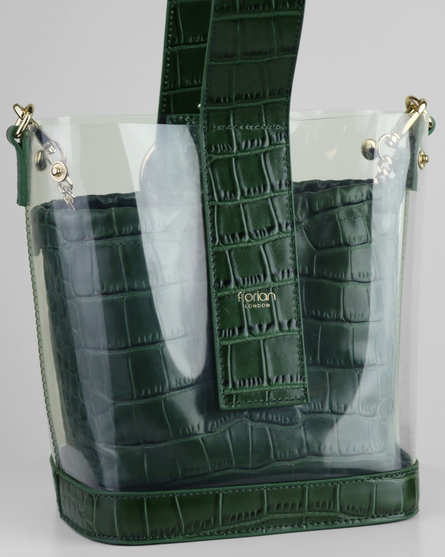 Women Florian London Cross-Body Bags | Green Croc Leather And Pvc Bucket Bag