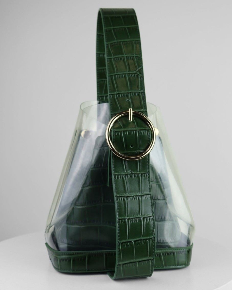 Women Florian London Cross-Body Bags | Green Croc Leather And Pvc Bucket Bag