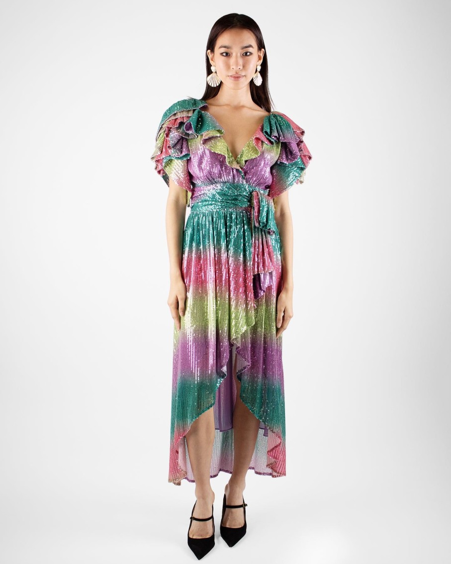 Women CeliaB Dresses | Rainbow Opal Asymmetric Ruffled Midi Dress