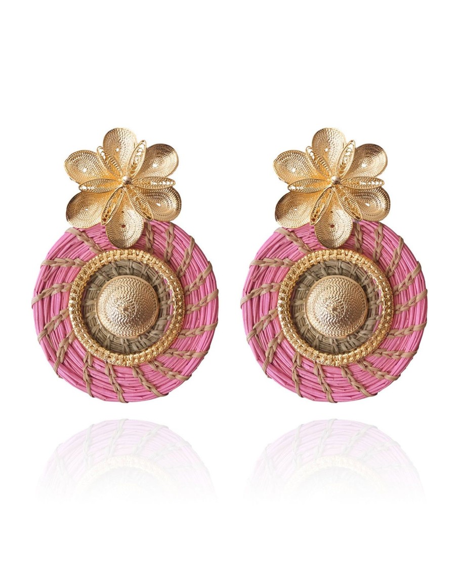 Women Ana Carolina Valencia Earrings | Pink And Gold Iraca Tropicalia Garden Maxi Earrings