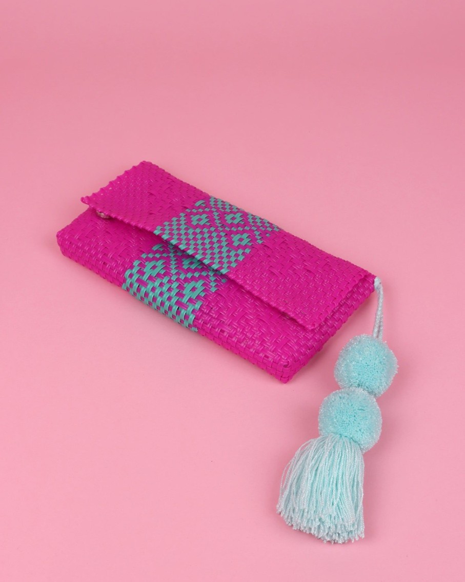 Women BLAIZ Mexico Clutches | Pink & Turquoise Pom Pom Clutch