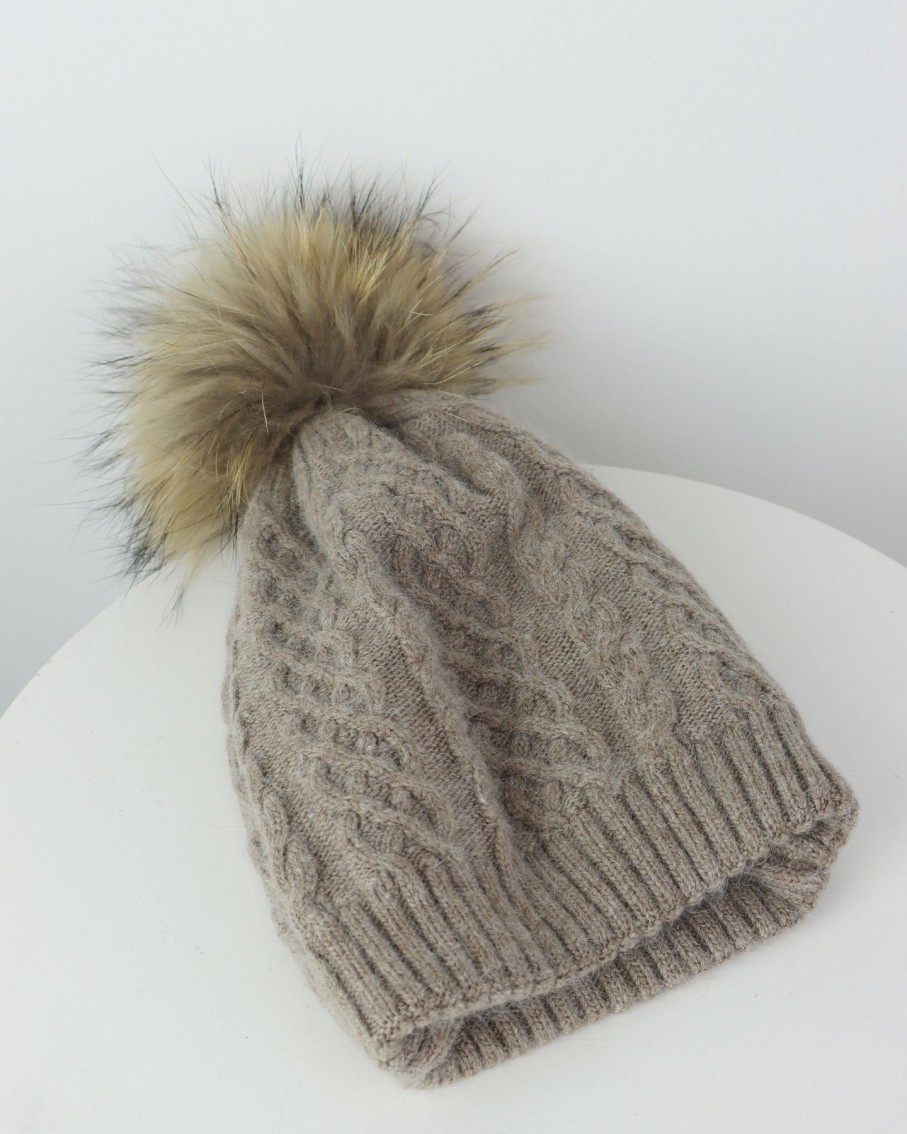 Women 227 Hats, Gloves & Scarves | Dark Beige Cable Knit Pom Pom Hat